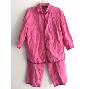 Parisian | Signature Linen Pants Set Women Size 12 Pink 3/4 Sleeves Button Front